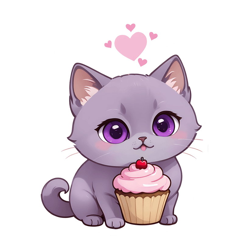 Purple kitten sticker holding a pink cupcake with a red cherry featuring glossy eyes and white die-cut borders.