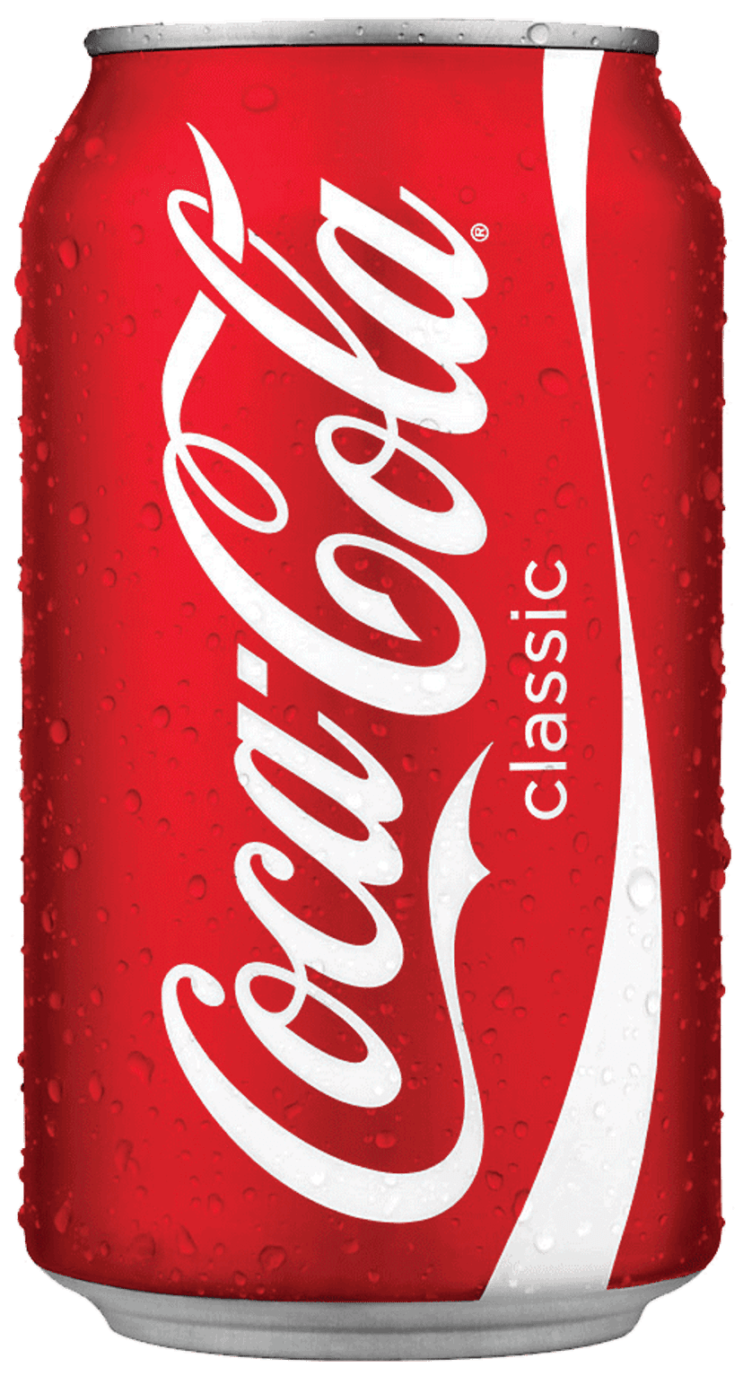Cola cans in a glossy illustration style with metallic highlights and bold white branding on a red background.