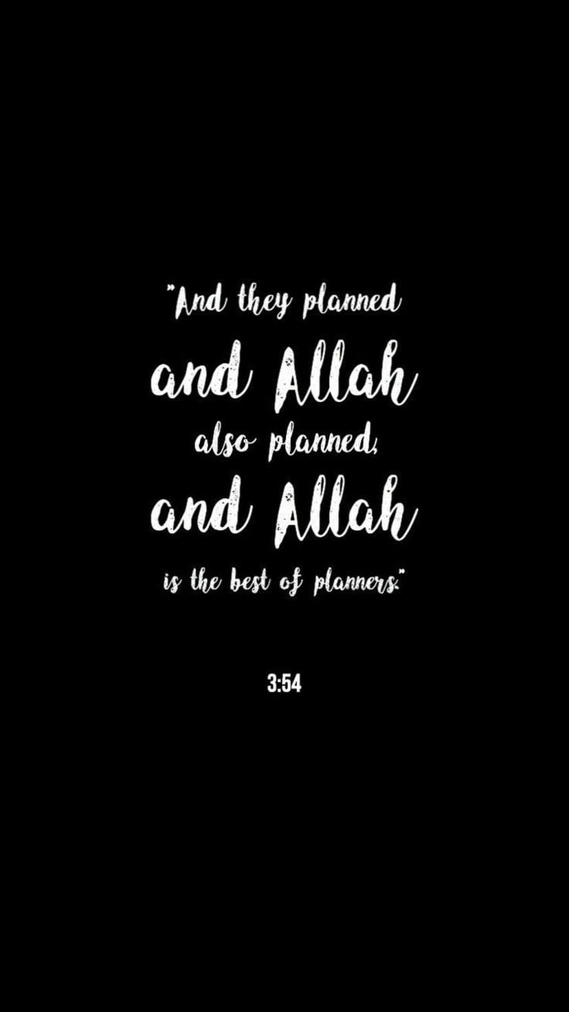 White elegant Arabic and English calligraphy of Quranic verse 3:54 centered on a solid dark black background.