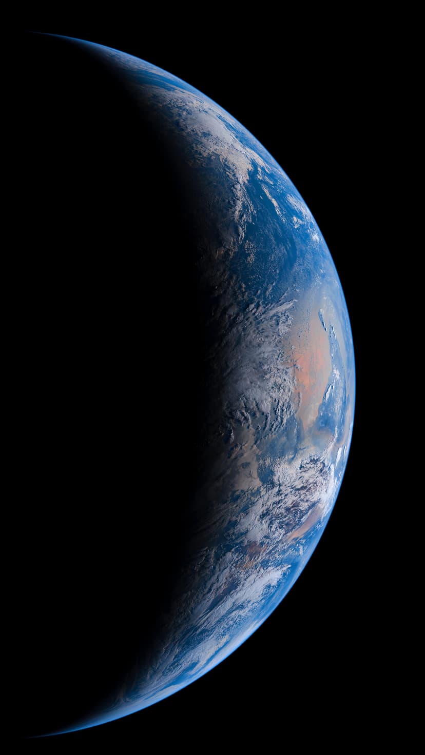 Planet Earth with swirling white clouds and blue oceans centered against a deep black starless cosmic backdrop.