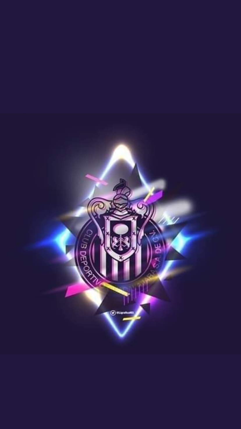 Club Deportivo Guadalajara logo illuminated by vibrant pink and violet neon outlines on a black backdrop.