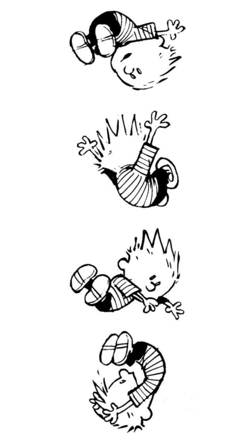 Calvin tumbles through four comic panels with exaggerated expressions against a clean white background.