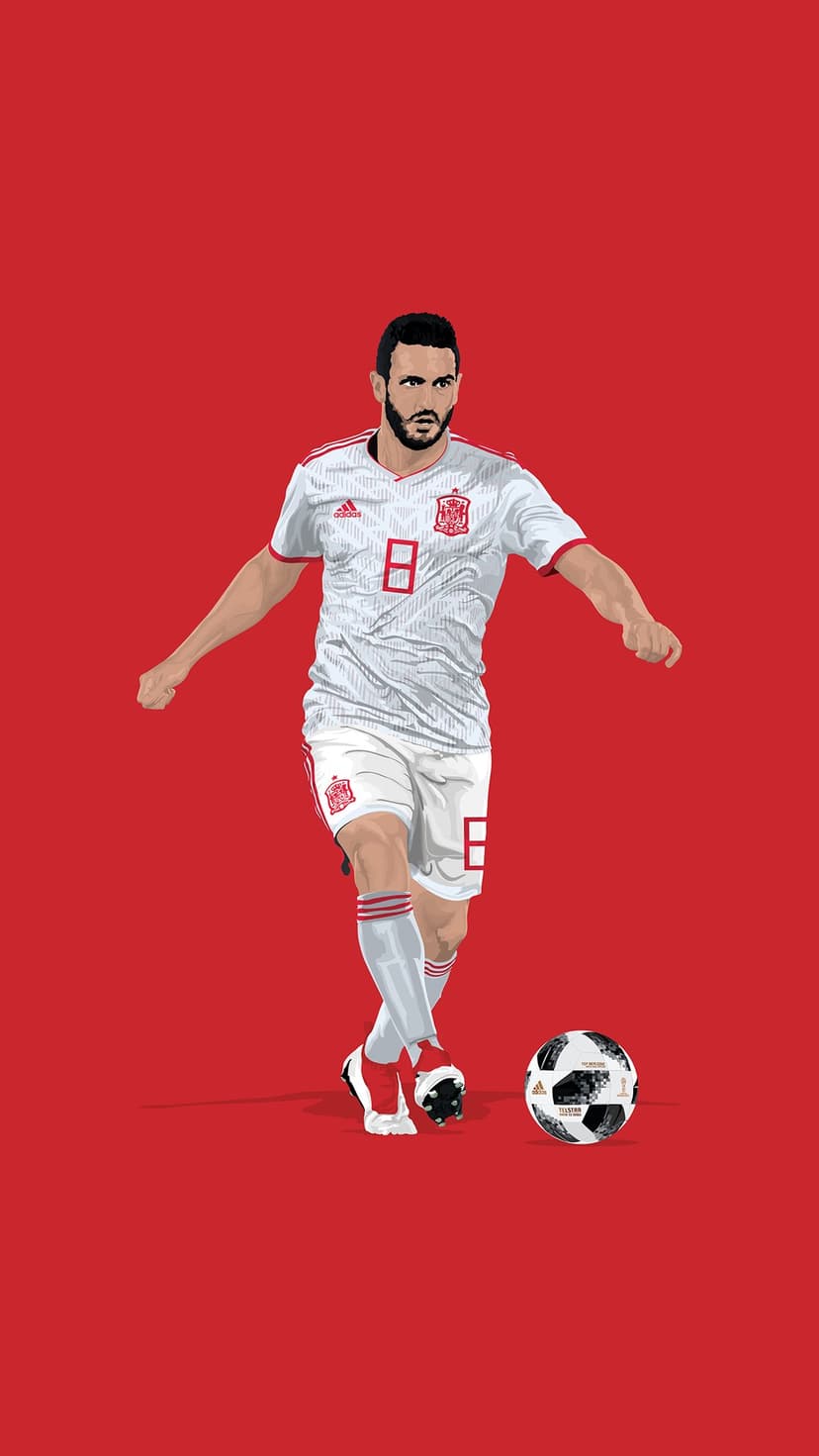 Soccer player with a beard in a white number 8 jersey dribbles a ball against a solid red background.