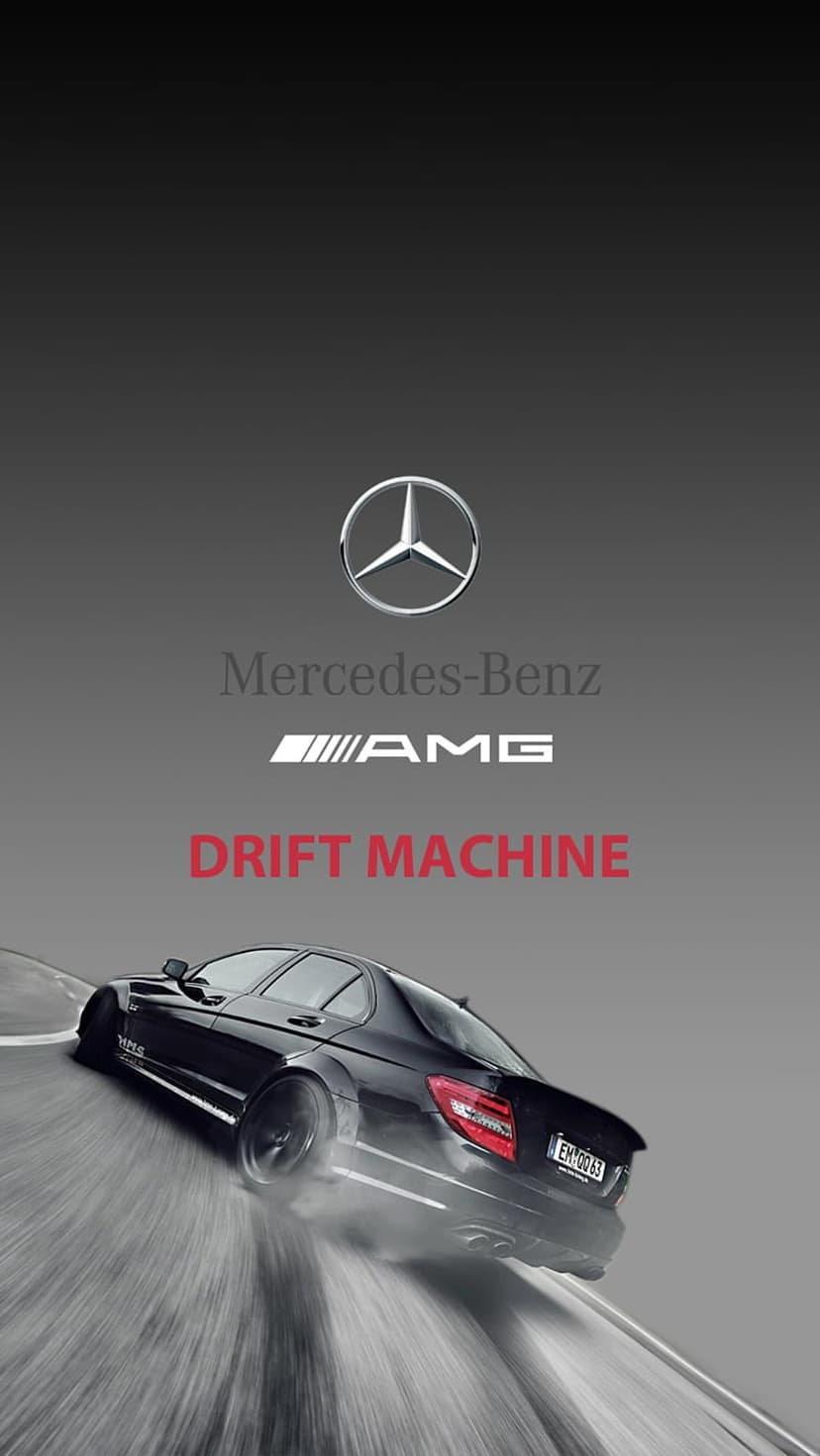 Black Mercedes-Benz C63 AMG drifting sideways with white tire smoke and motion blur on a dark asphalt track.