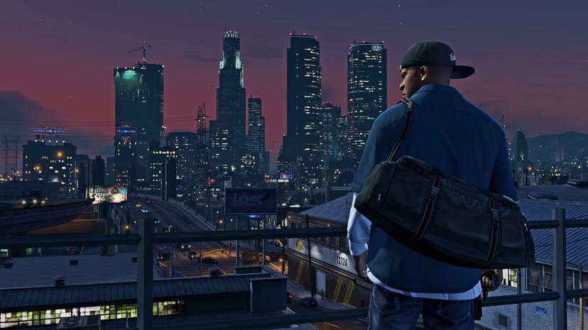 Franklin Clinton with a duffel bag overlooking a lit city skyline at night from a rooftop balcony.