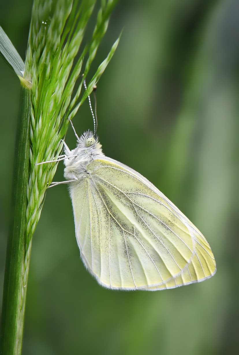 Pale yellow butterfly with visible wing veins resting on a green grass stem against a blurred backdrop.
