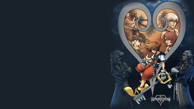 Sora rests on a Keyblade inside a silver heart frame with Riku and Kairi against a dark blue background.