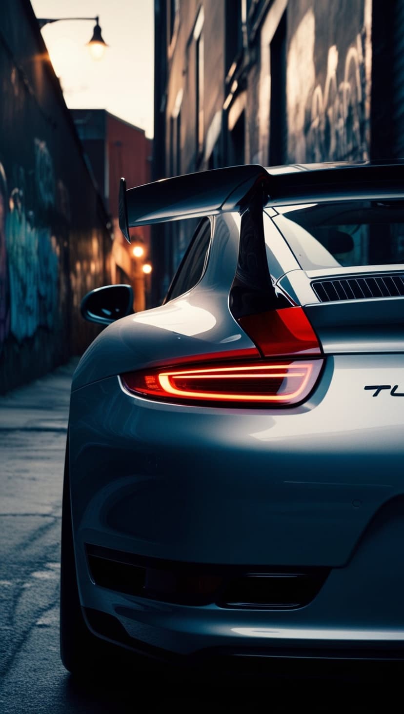 Porsche 911 Turbo S with red taillights parked in a narrow alleyway covered in colorful street art and graffiti.