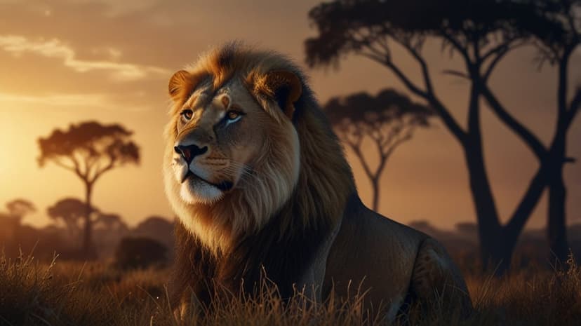 Male lion with a dense mane rests in amber savanna grass during a golden sunset with acacia tree silhouettes.