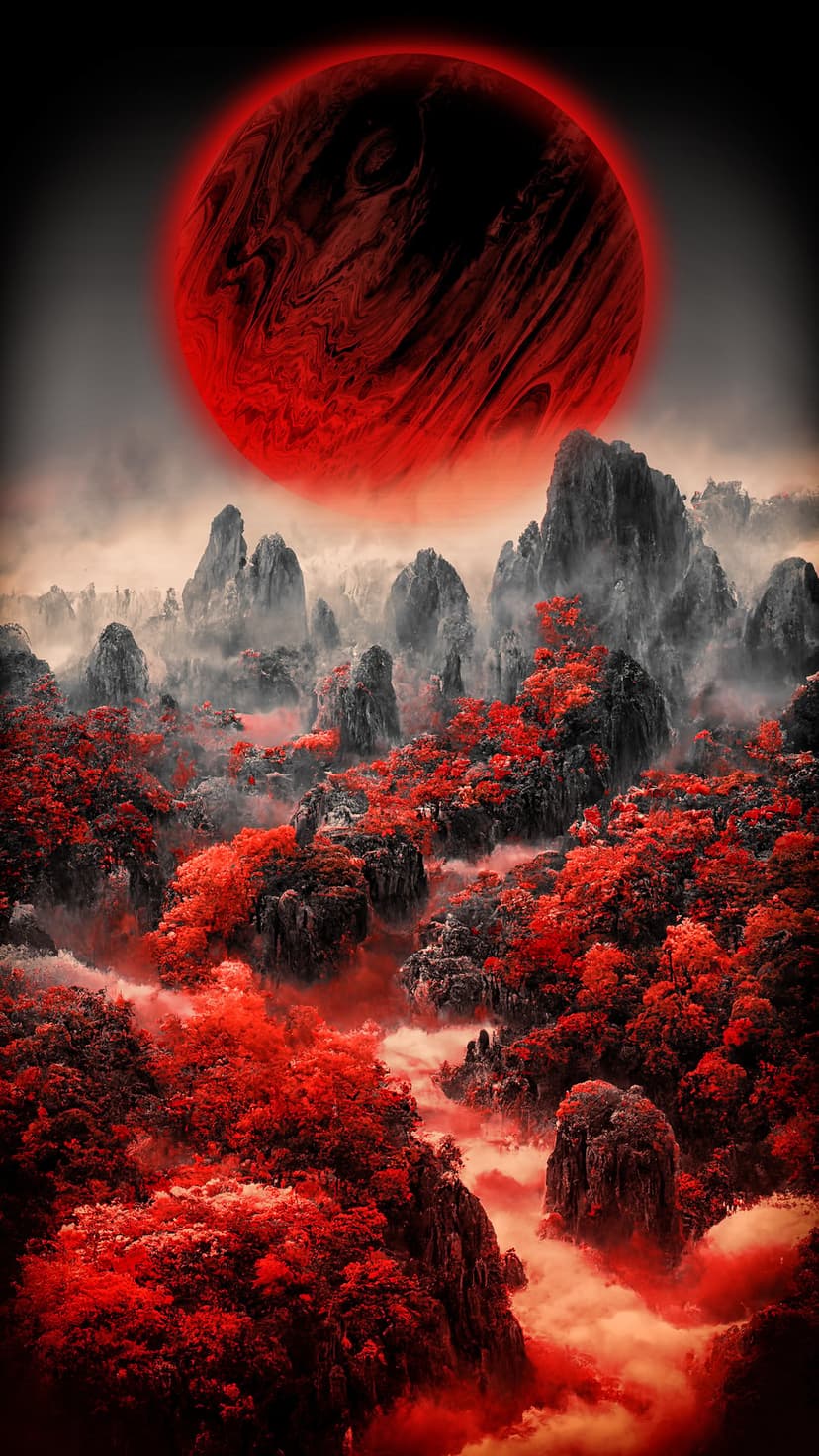 Giant red planet with swirling clouds hovering above sharp mountain ridges covered in crimson leaves and fog.