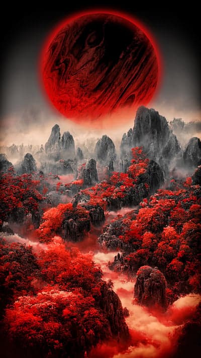 Mystical Red Planet Over Crimson Mountain Landscape