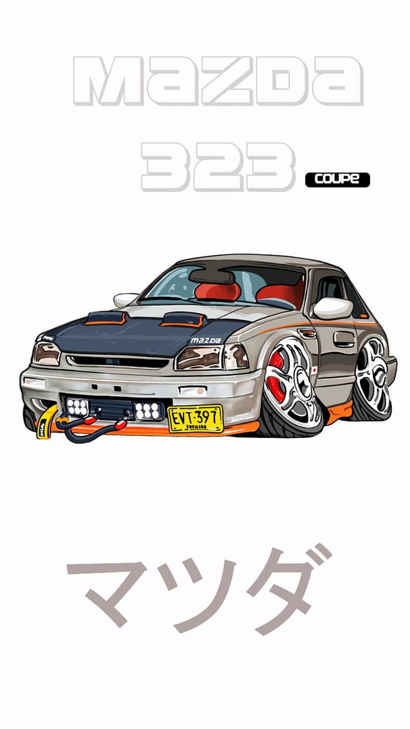 Mazda 323 Coupe in cartoon style with JDM mods, racing wheels, and Japanese text on a colorful background.