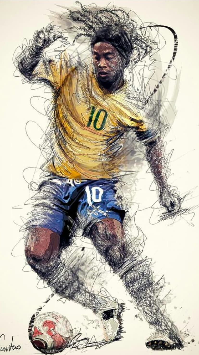 Ronaldinho Gaucho in a yellow Brazil jersey dribbles a soccer ball in a dynamic, high-energy artistic sketch.
