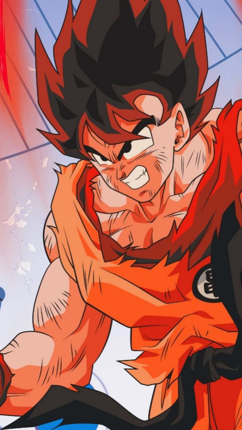 Son Goku in a torn orange gi displays facial scratches and a determined look against a neutral background.