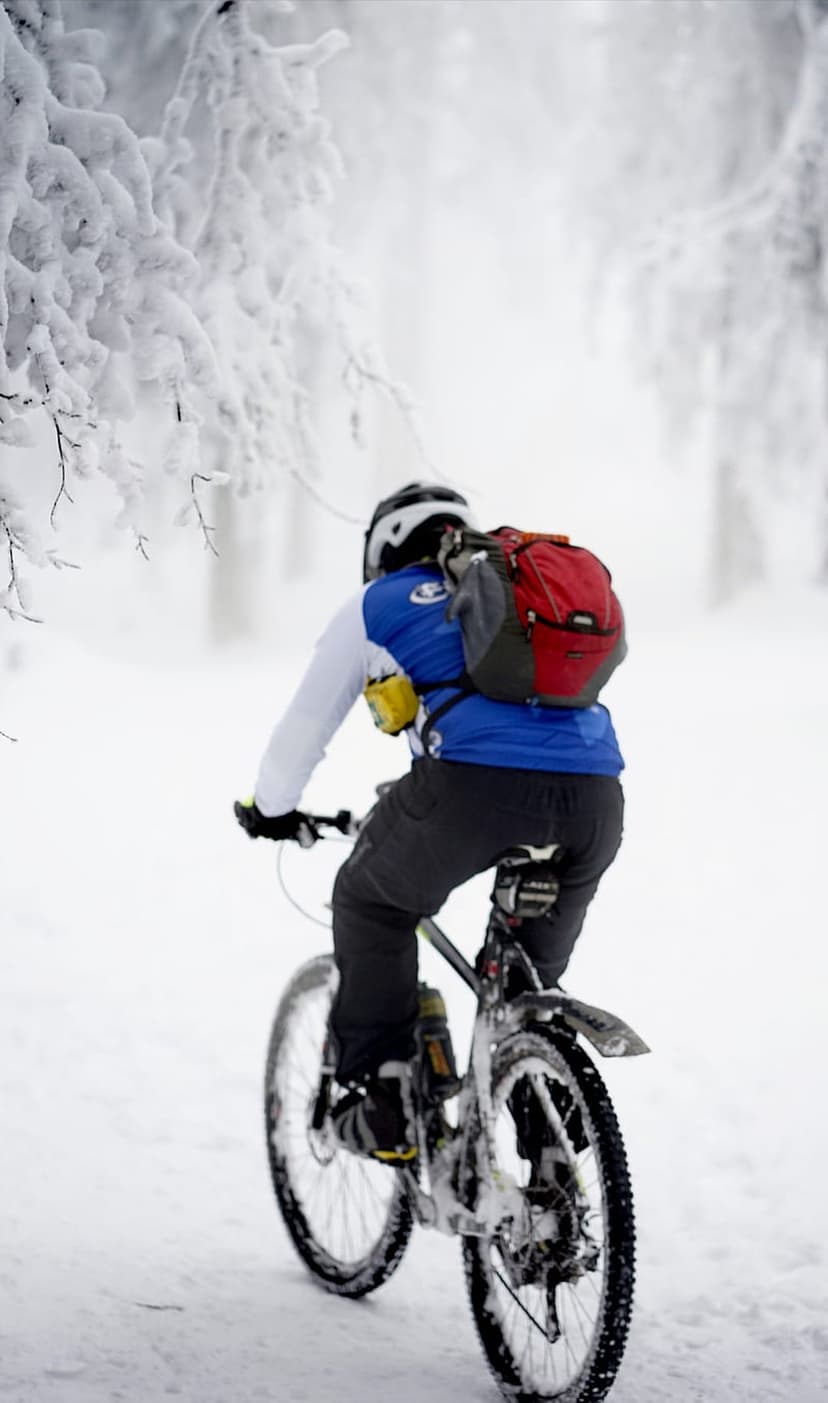 Mountain biker in a helmet riding through a dense, snow-covered forest during a cold winter day on a narrow trail.