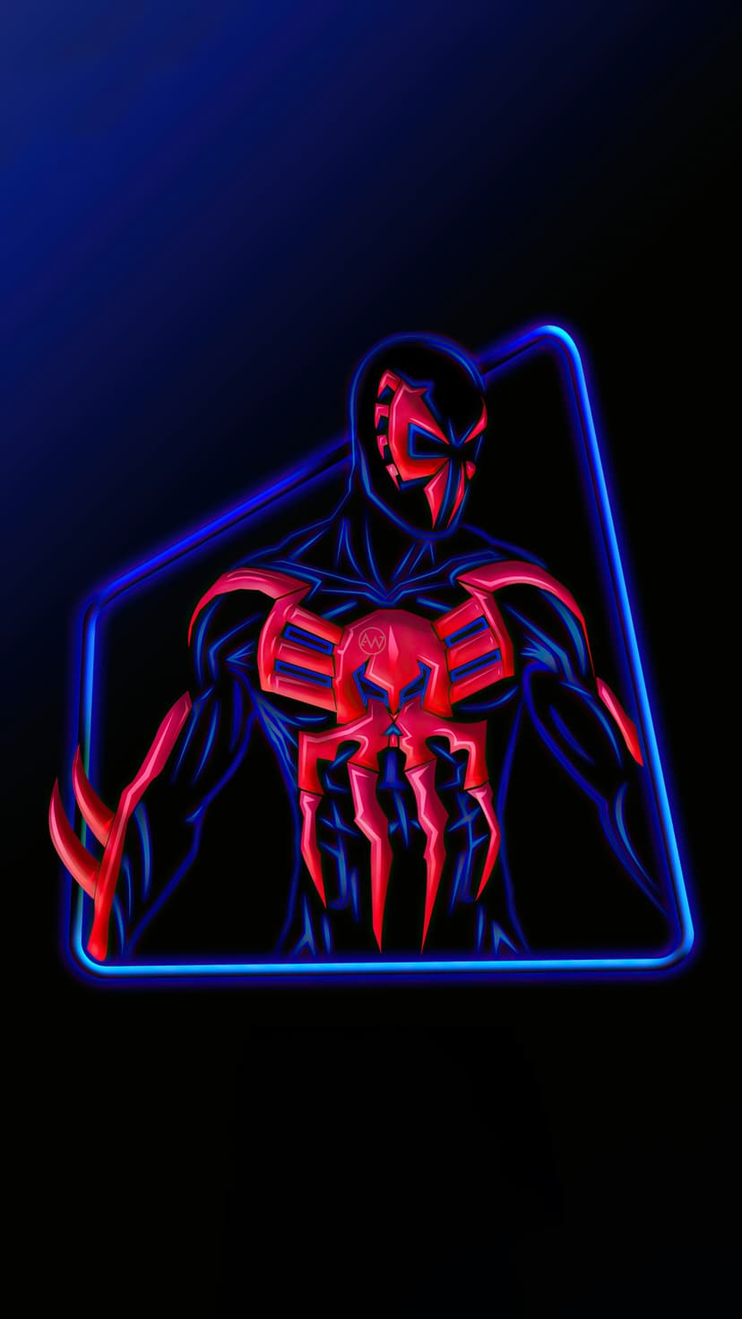 Spider-Man 2099 glows with a red emblem and blue neon outlines within a geometric frame on a dark background.
