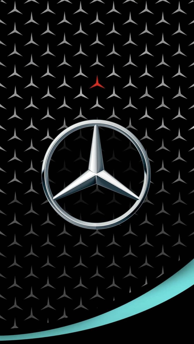 Mercedes-Benz silver star emblem centered on a black pattern background with a glowing turquoise wave below.