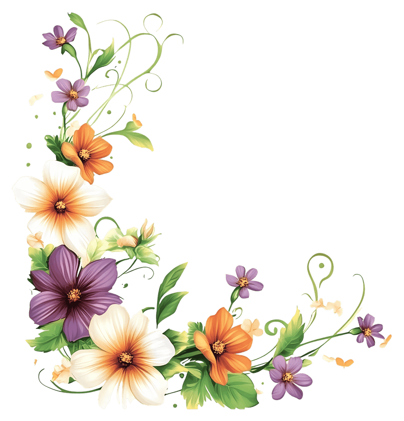 Floral corner decoration with vibrant watercolor blossoms and green leaves arranged in a right-angle layout.