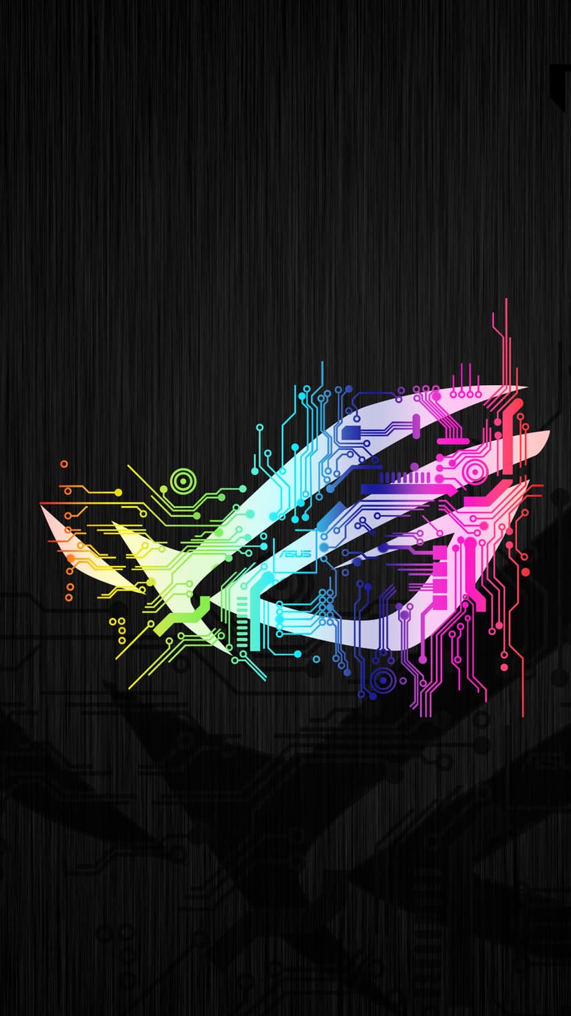 ASUS ROG logo eye formed by glowing multicolored circuit traces and electronic parts on a dark background.