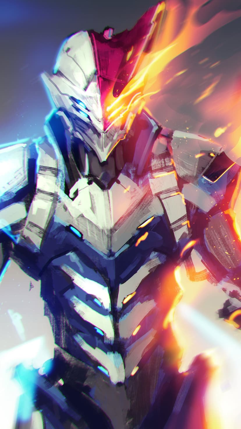 Cybernetic soldier with white plating and blue lights on one side and intense orange flames on the other.