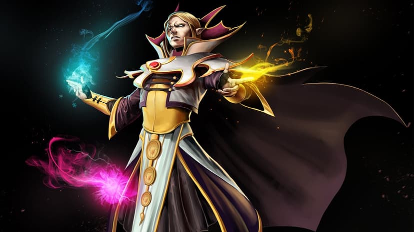 Elven mage in ornate robes channeling glowing blue yellow and pink elemental magic against a black background.