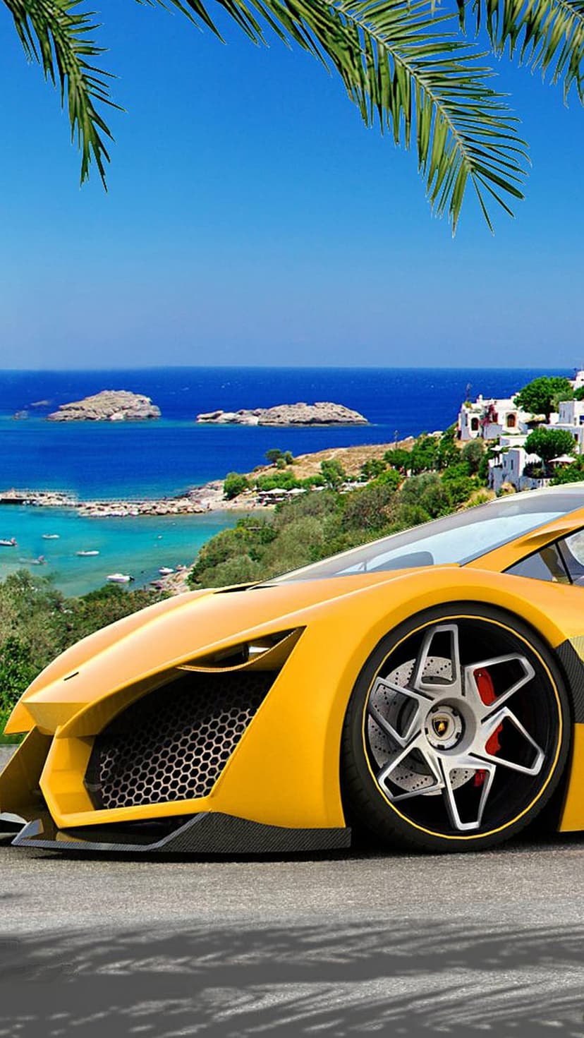 Yellow sports car parked on a winding road above turquoise ocean waters with palm trees and tropical islands.