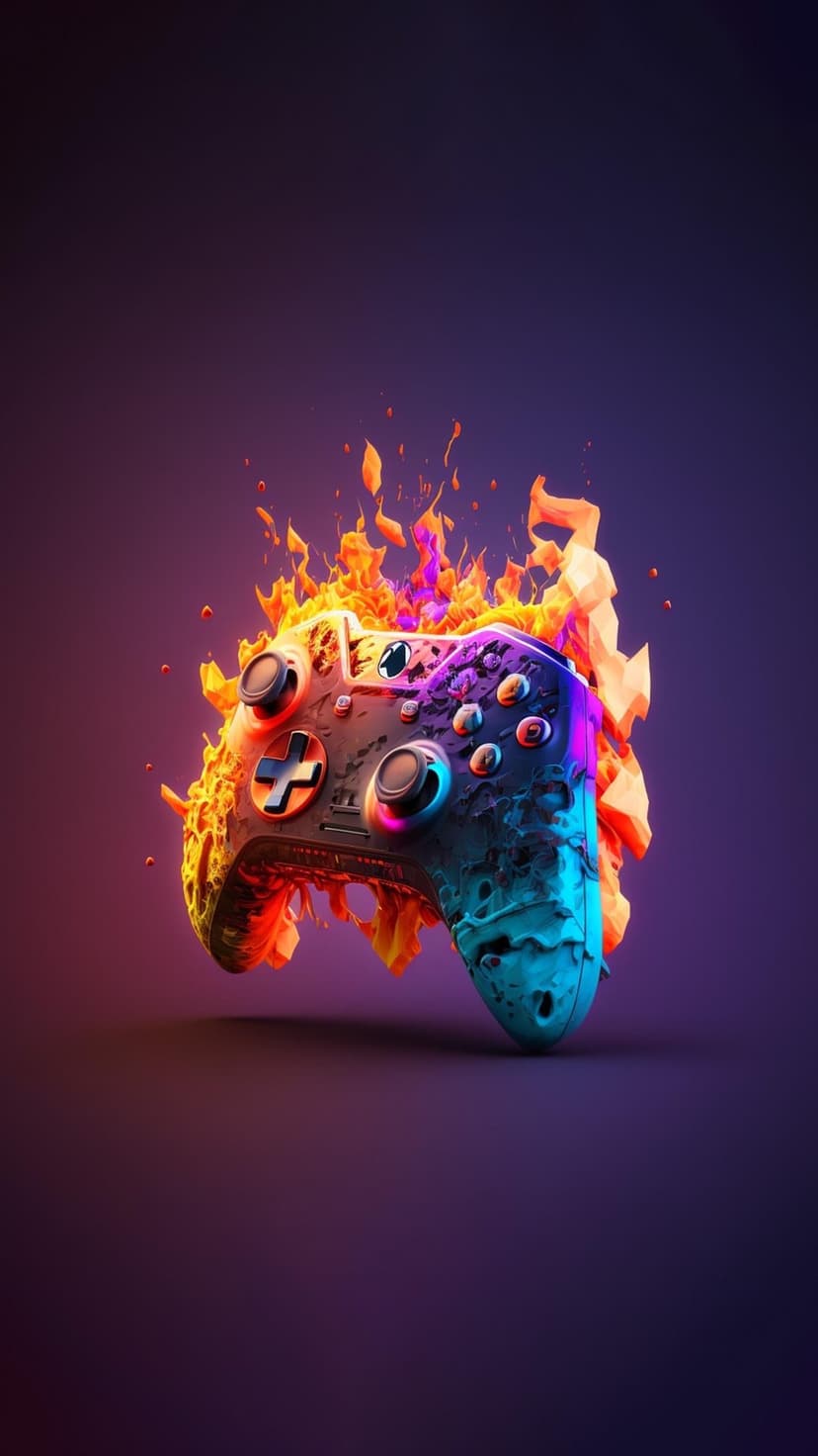Gaming controller with neon blue and pink accents engulfed in stylized orange flames on a dark purple background.