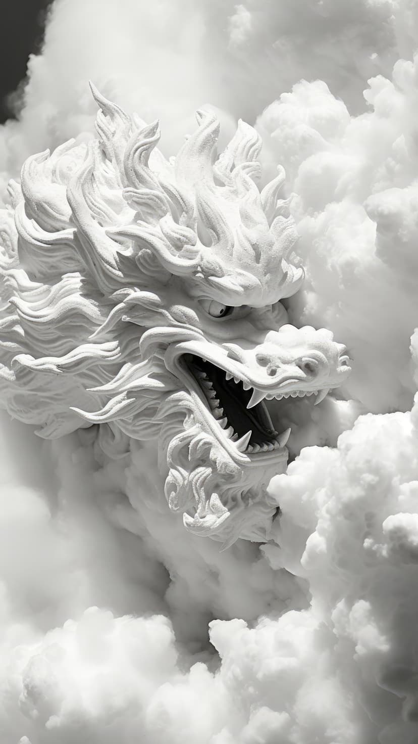 White dragon sculpture with an open mouth rising through dense clouds in a high-contrast black and white scene.