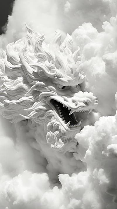 White Dragon Emerges from Clouds in Dramatic Black and White
