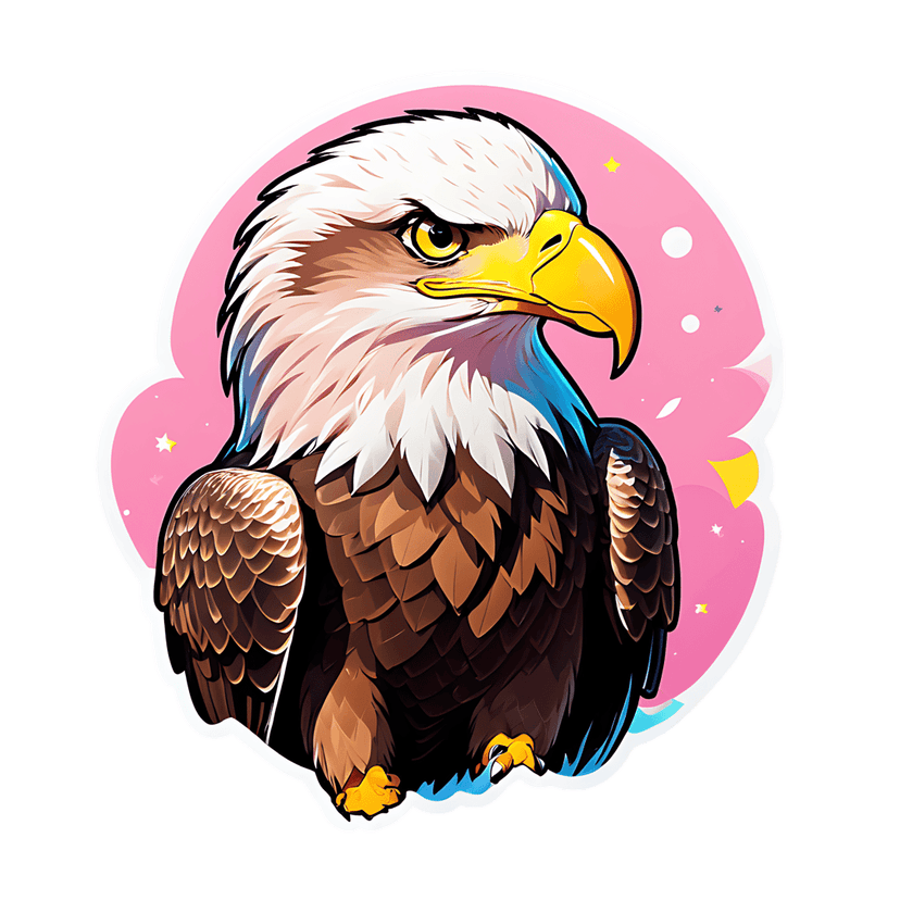 Bald eagle sticker illustration with a white head and yellow beak against a pink circular background.