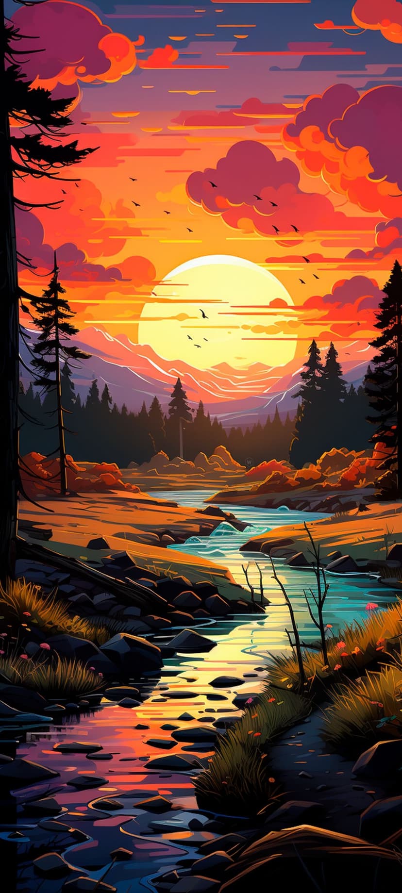 Winding river reflects a fiery orange sunset between dark forest trees and rugged stones in a vertical landscape.