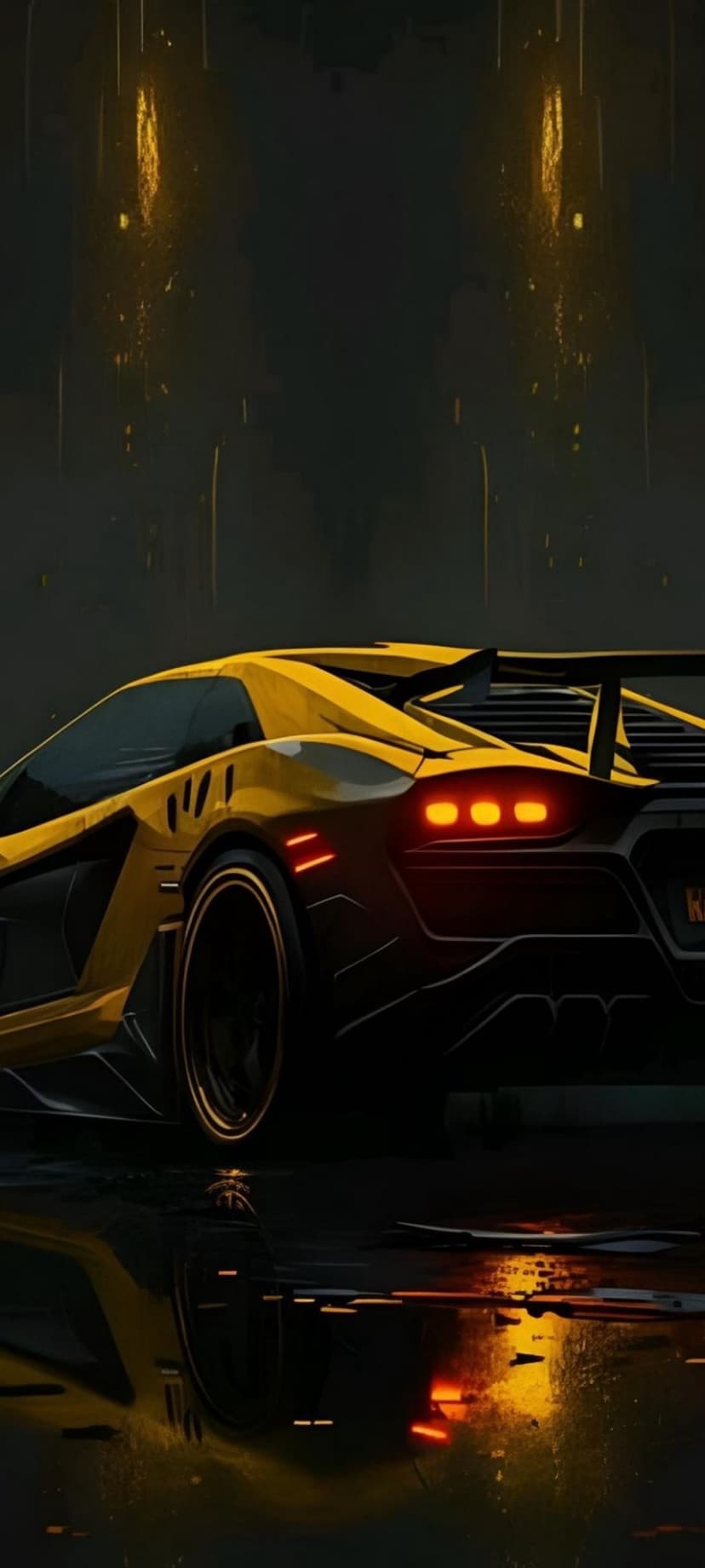Yellow sports car with glowing red taillights sits on wet asphalt during a dark rainy night in the urban city.