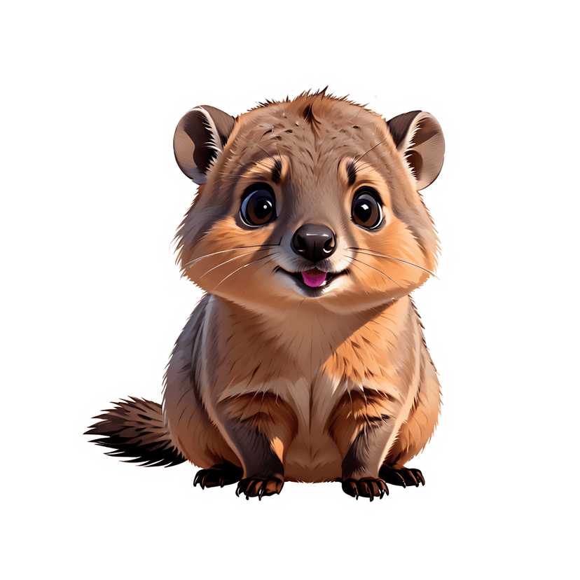 Brown quokka sticker illustration shows a fluffy marsupial with a white border and friendly facial features.
