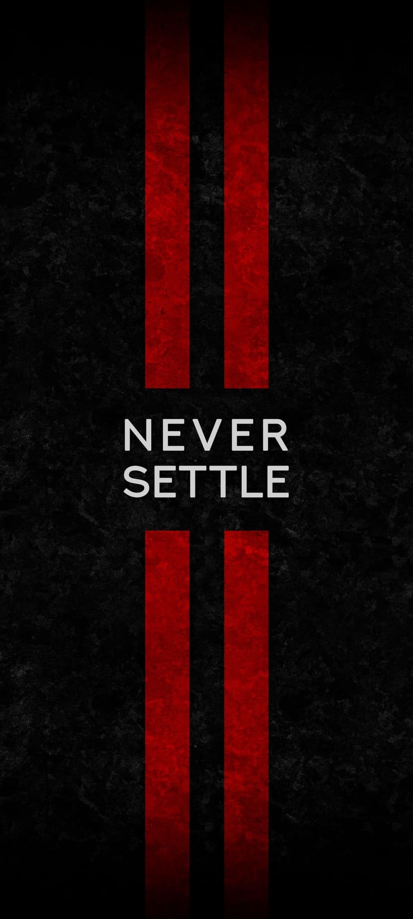 Never Settle slogan displayed over vertical red stripes on a grainy black background for mobile device screens.