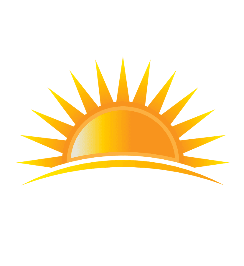 Golden sun vector illustration featuring a bright yellow center with sharp orange rays on a clear background.
