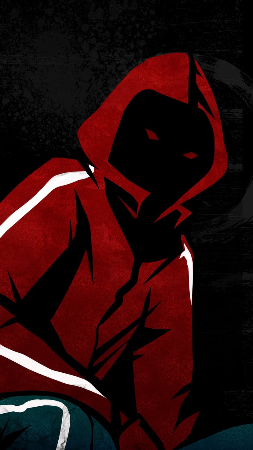 Red hooded figure with glowing red eyes stares forward from a dark, textured grunge background with sharp lines.