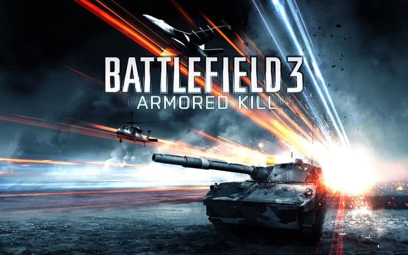 Tank firing on a battlefield with a fighter jet and helicopter flying above amidst orange light streaks.