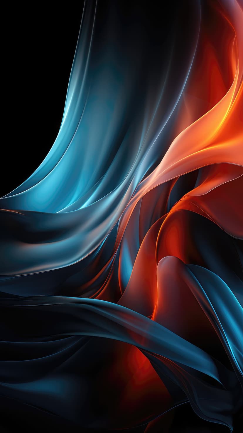 Flowing fabric waves in deep blue and vibrant orange with glossy highlights and smooth light gradients.