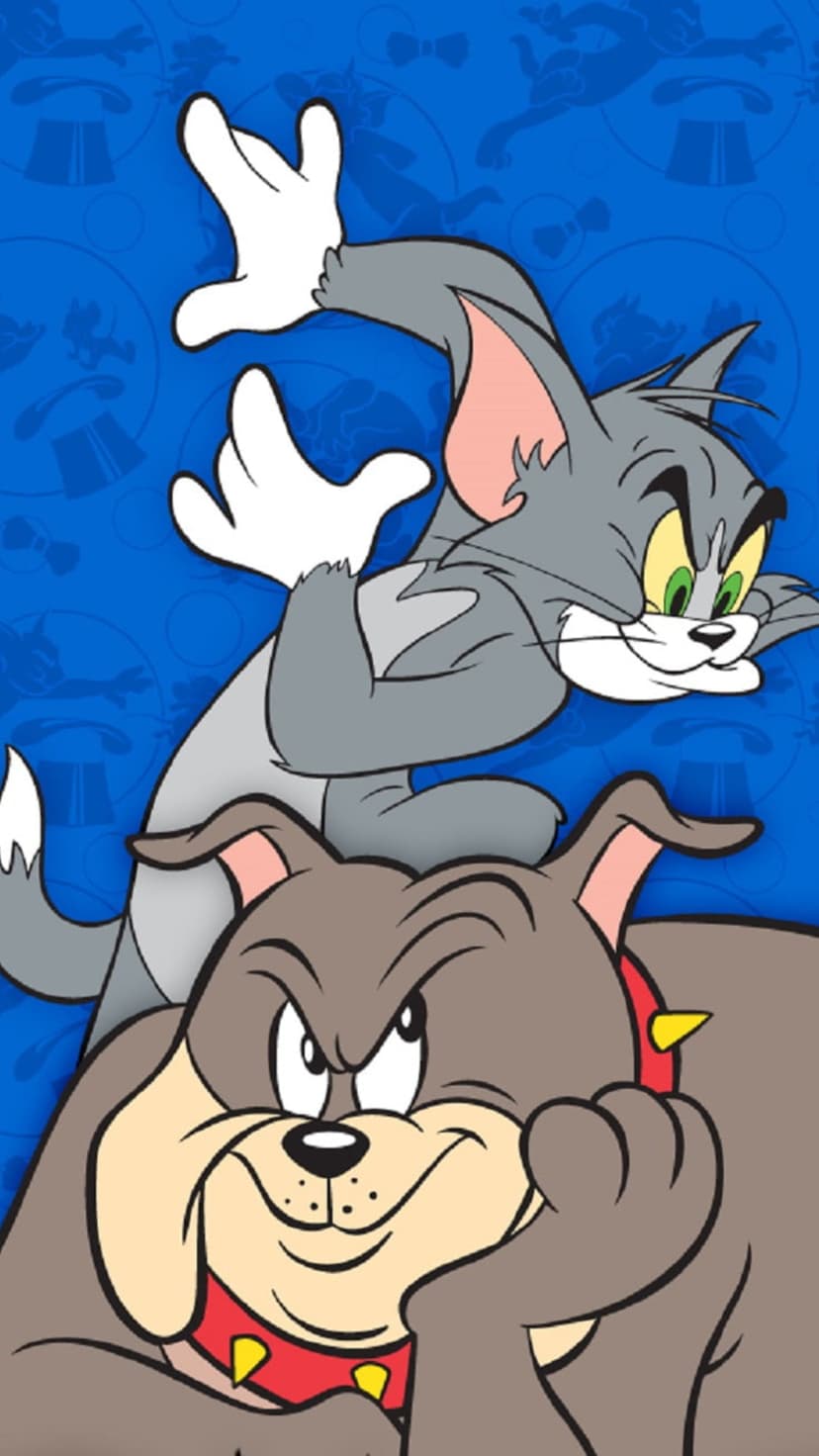 Tom the cat jumps above Spike the bulldog against a blue backdrop with repeating character silhouettes.