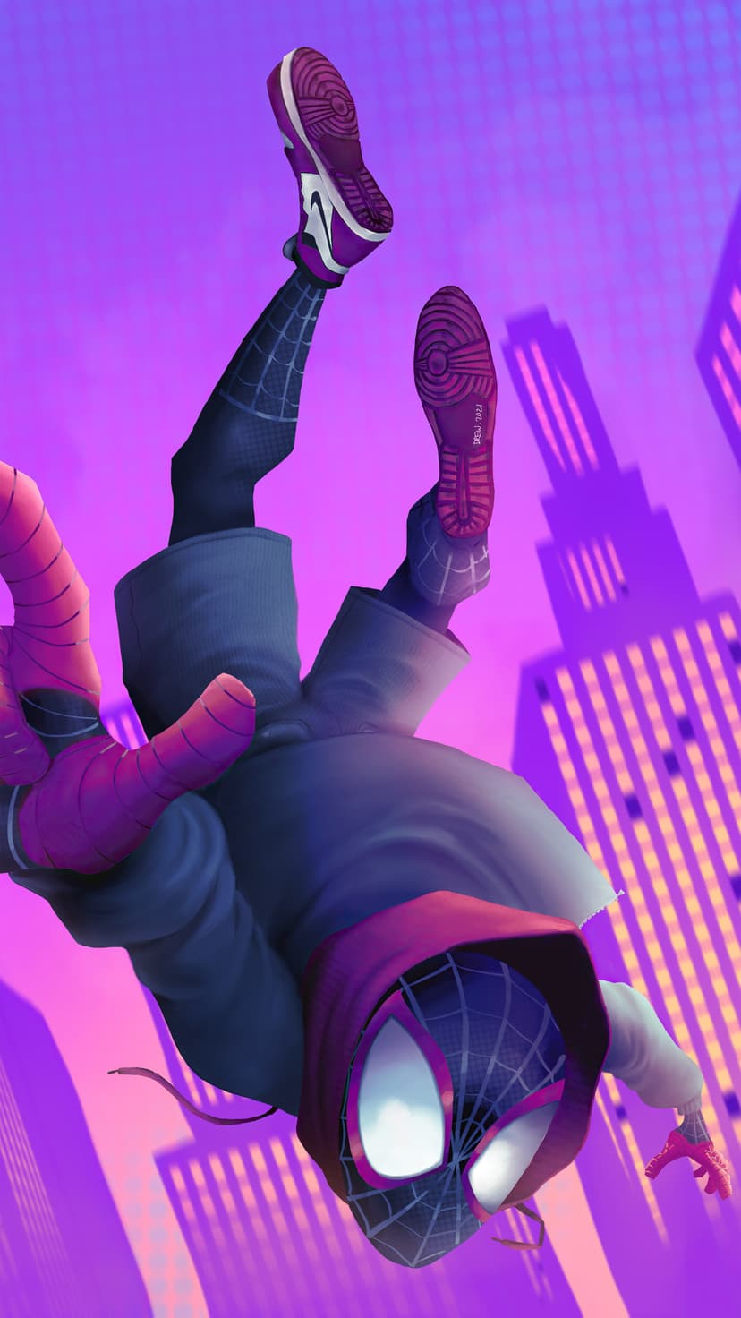 Miles Morales falls backwards through a futuristic city featuring glowing purple skyscrapers and neon lights.