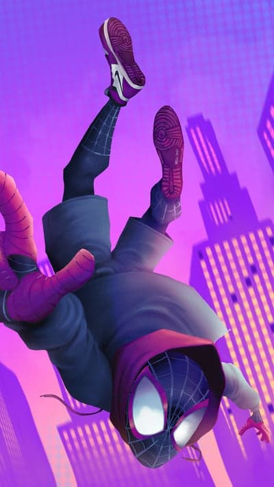 Miles Morales Spider-Man Falling with Purple Cityscape