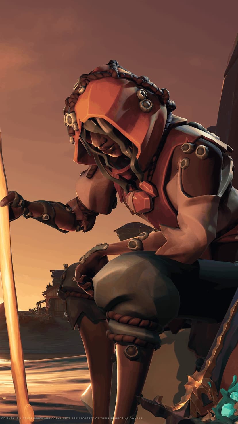 Hooded character in orange attire sits on a rocky beach with a wooden staff under a warm, glowing sunset.