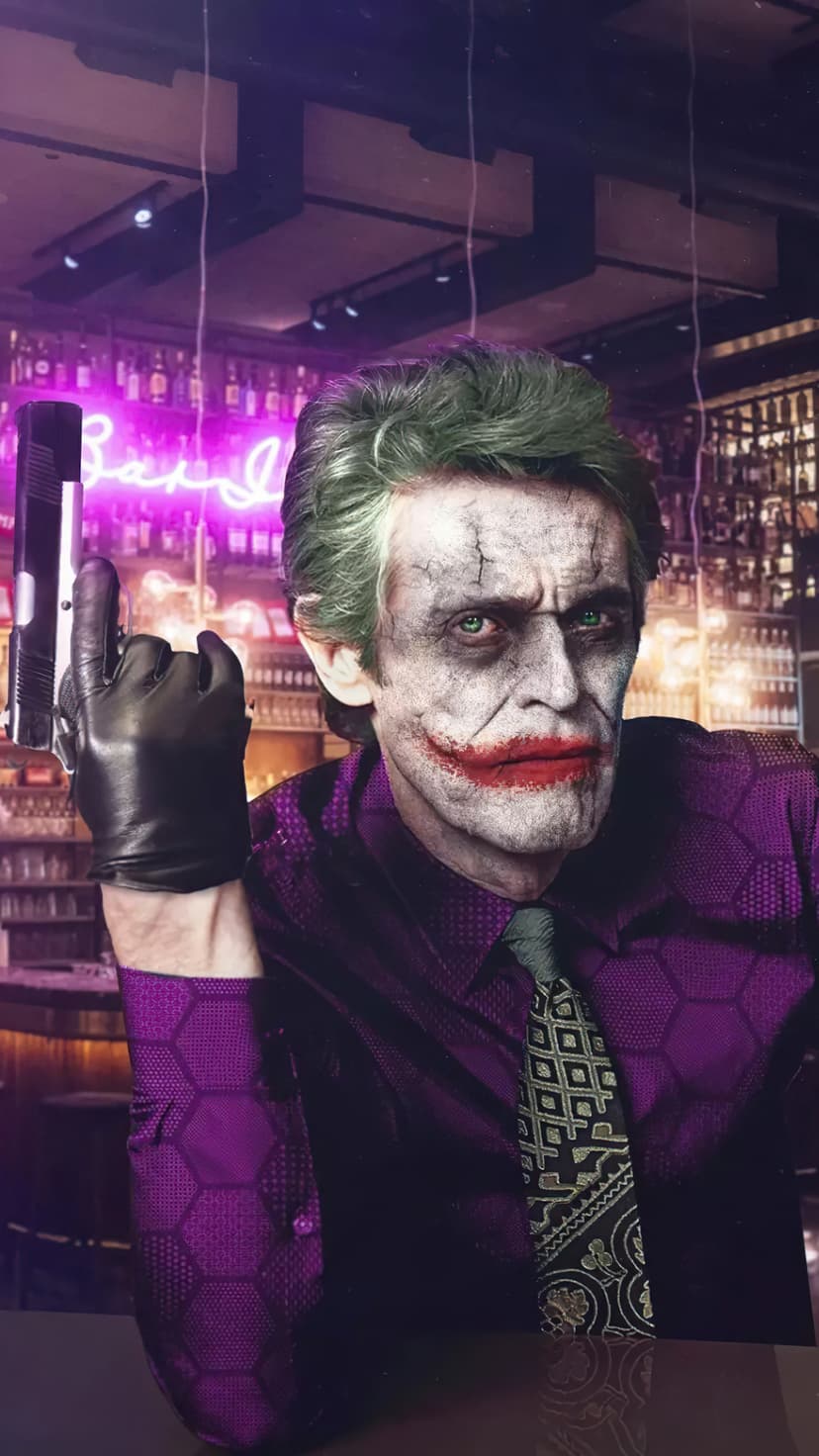 Willem Dafoe as Joker with green hair holds a handgun in a neon-lit bar for a vertical mobile phone background.