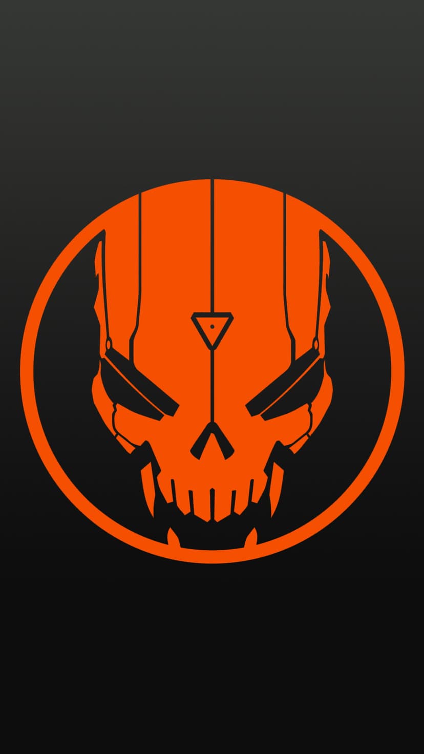 Orange robotic skull with sharp teeth and glowing eyes centered in a circle against a dark gradient background.