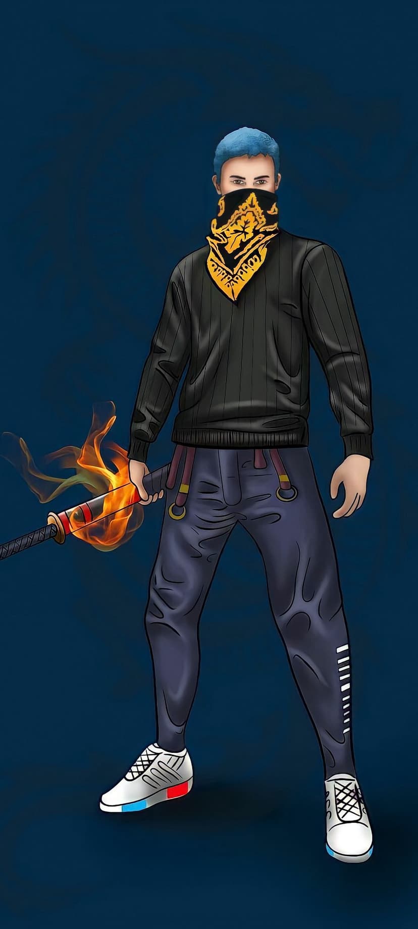 Blue-haired fighter holding a sword on fire while wearing a striped sweater and suspenders in a dark setting.