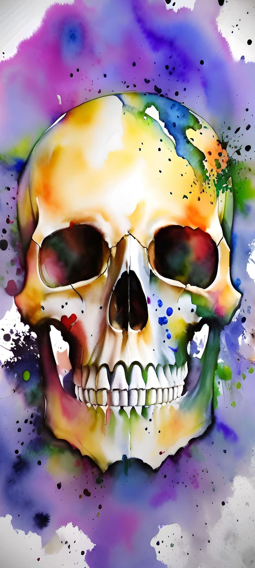 Human skull covered in rainbow paint drips and black ink splatters against a minimalist white backdrop.