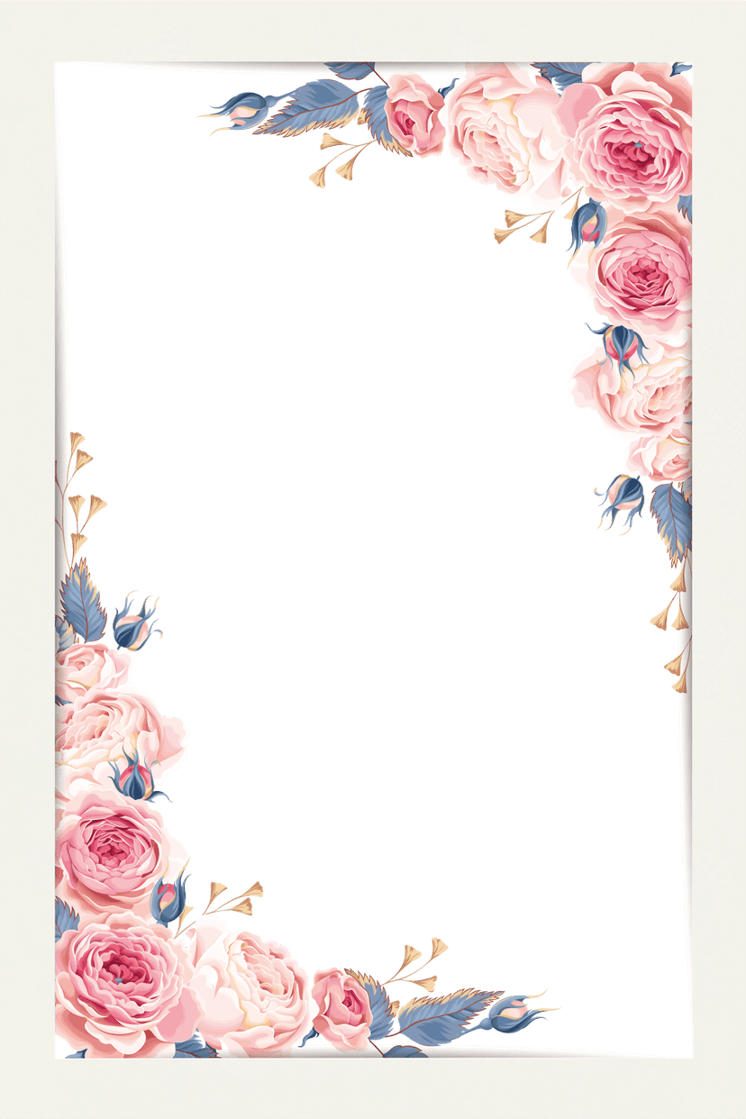 Pink rose floral border frames the perimeter with hand-painted botanical petals and textured green leaves.