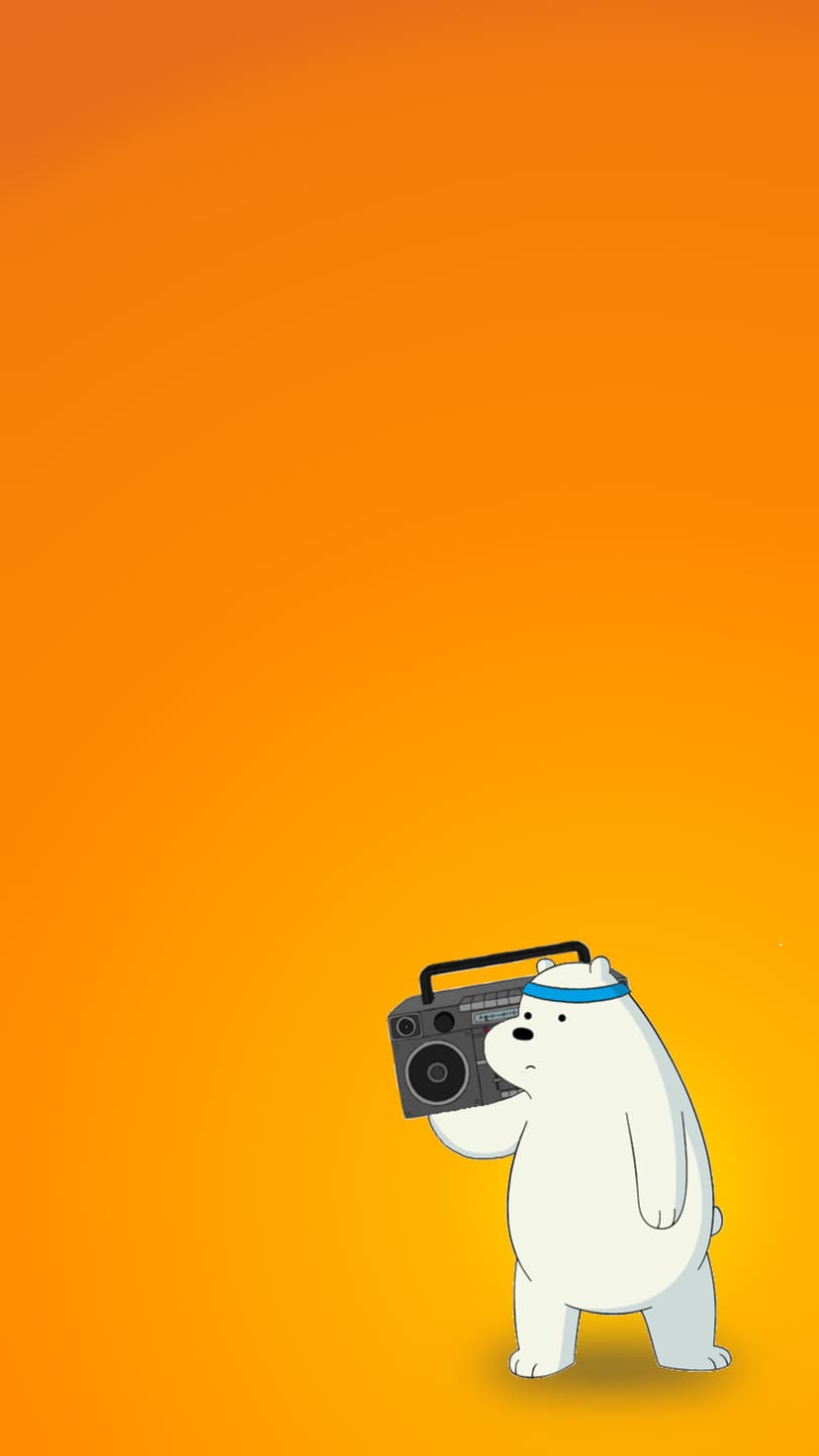 Ice Bear wearing a blue headband holds a silver boombox over his shoulder against a gradient orange background.