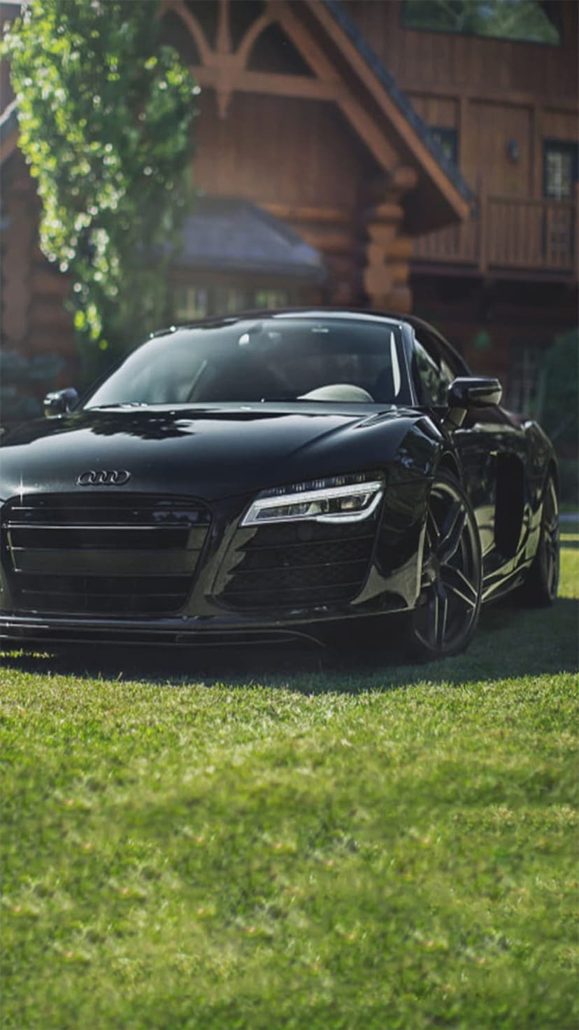 Black Audi R8 convertible parked on a manicured green lawn in front of a rustic wooden cabin on a sunny day.