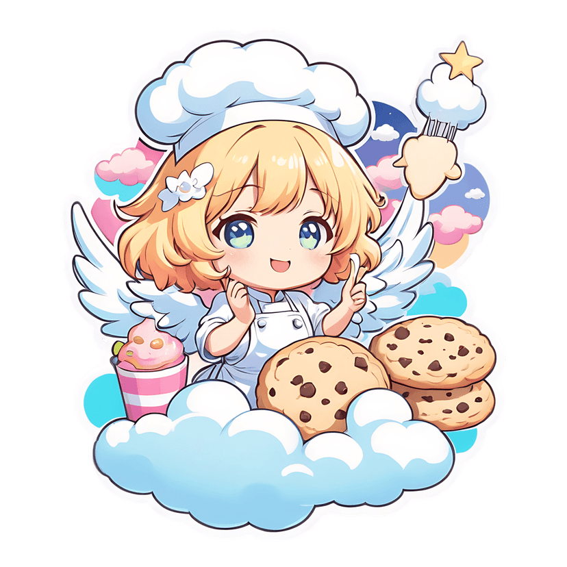 Blonde chef angel sticker holding a star whisk above chocolate chip cookies and cupcakes in a pastel sky.